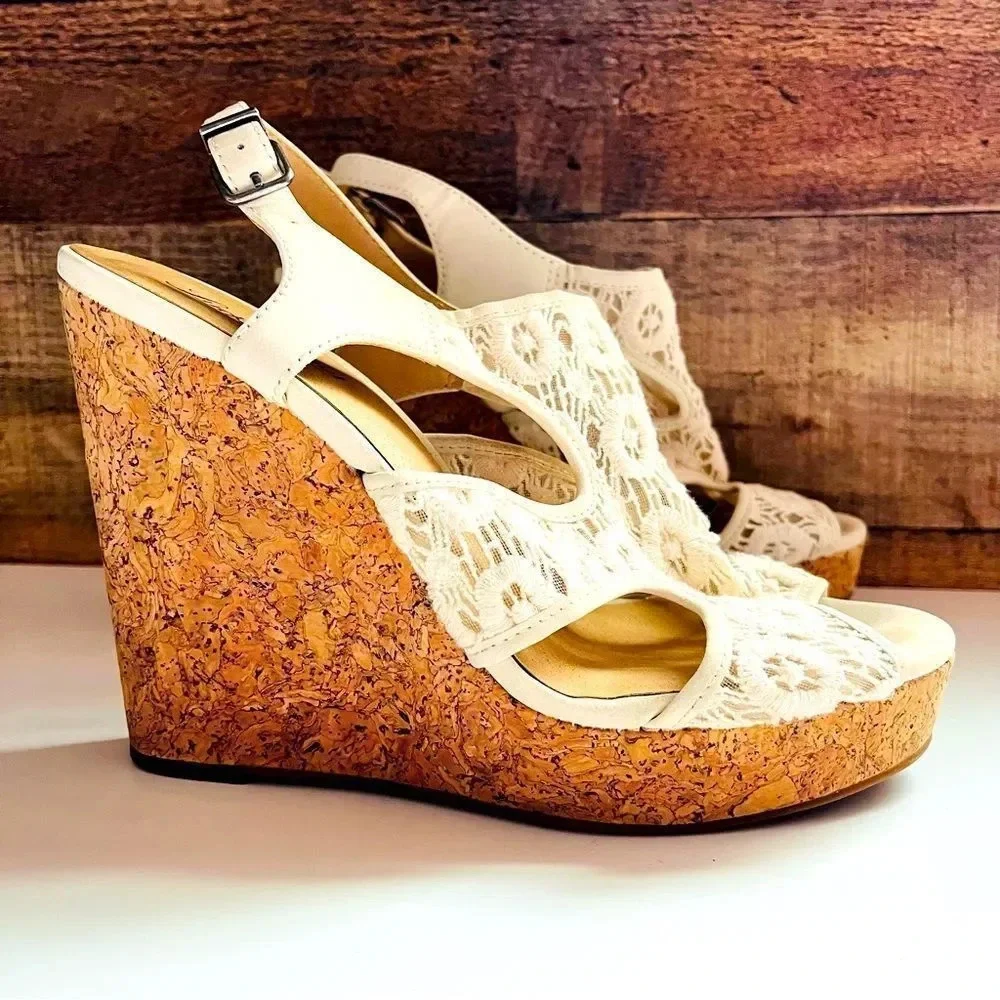 Lucky Brand Ranette Lace Cork Wedged Sandals